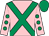 Pink, emerald green cross belts, pink sleeves, emerald green spots and cap