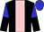 black, pink stripe, blue and black halved sleeves, blue cap