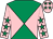 Emerald green and pink diabolo, pink sleeves, emerald green stars, pink cap, emerald green stars