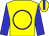 yellow, blue circle, blue arms, blue stripe on cap