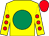 Yellow, emerald green disc, yellow sleeves, red spots, red cap