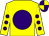 Yellow, purple disc, purple spots on sleeves, quartered cap