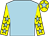 Light blue, yellow sleeves, light blue stars, yellow cap, light blue star