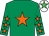 Emerald green, orange star, orange stars on sleeves, white cap, em green star