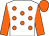 white, orange spots, orange sleeves and cap