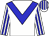 White, blue chevron, white sleeves, blue stripes, white cap, blue stripes