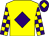 Yellow, purple diamond, check sleeves, purple cap, yellow diamond