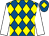 Royal blue and yellow diamonds, white sleeves, royal blue cap, yellow diamond