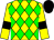 Yellow, green diamonds, yellow sleeves, black armlets and cap