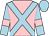 Pink, light blue cross belts, light blue sleeves, pink armlets, light blue cap