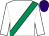 White, emerald green sash, purple cap