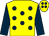 Yellow, dark blue spots, sleeves and spots on cap