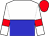 White and blue halved horizontally, white sleeves, red armlets, red cap