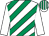 White, emerald green diagonal stripes, white sleeves, white cap, emerald green stripes