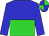 blue and lime green halved horizontally, blue sleeves, quartered cap