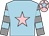 Light blue, pink star, grey and light blue hooped sleeves, pink cap, light blue star