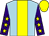 Light blue, yellow stripe, purple sleeves, yellow stars, yellow cap