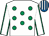 White, emerald green spots, emerald green seams on sleeves, royal blue & white striped cap