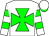 White, green maltese cross, hooped sleeves, white cap, green peak