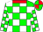 Red, green and white squares, green collar, white and green quartered cap