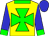 Dayglo yellow, dayglo green maltese cross, collar and cuffs, dayglo blue sleeves and cap