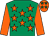 Emerald green, orange stars and sleeves, orange cap, emerald green stars
