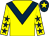 Yellow, dark blue chevron, dark blue stars on sleeves, dark blue cap, yellow star