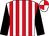 White and red stripes, black sleeves, white and red quartered cap