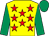 Yellow, red stars, emerald green sleeves and cap