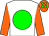 White, green spot, orange sleeves and cap, green spots