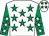 White, emerald green stars, emerald green sleeves, white stars, white cap, emerald green stars