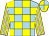 Light blue & yellow check, yellow & white striped sleeves, light blue & yellow quartered cap