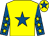 Yellow, royal blue star, royal blue sleeves, yellow stars, yellow cap, royal blue star