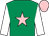 Emerald green, pink star, white sleeves, pink cap