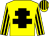 Yellow body, black cross of lorraine, yellow arms, black striped, yellow cap, black striped