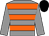 Grey body, orange hooped, grey arms, black cap