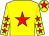 Yellow body, red star, yellow arms, red stars, yellow cap, red star