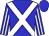 Blue, white cross sashes, white stripes on sleeves, blue cap