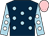 dark blue, light blue spots, white spots on light blue sleeves, pink cap