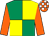 Emerald green and yellow (quartered), orange sleeves, orange and white check cap