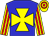 blue, yellow maltese cross, yellow and red striped sleeves, hooped cap