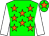 Green body, orange stars, white arms, green cap, orange star