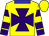 yellow, purple maltese cross, hooped sleeves, blue collar, purple cuffs,