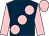 Dark blue, large pink spots, sleeves and cap