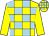 Yellow body, light blue checked, yellow arms, yellow cap, light blue checked