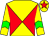 Yellow body, red diabolo, yellow arms, green chevron, yellow cap, red star