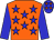 Orange body, big-blue stars, big-blue arms, big-blue cap, orange stars