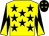 Yellow, black stars, black and yellow diabolo on sleeves, black cap, yellow stars