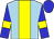 light blue, yellow stripe, yellow armbands on blue sleeves, blue cap