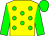 yellow, green spots, green sleeves and cap